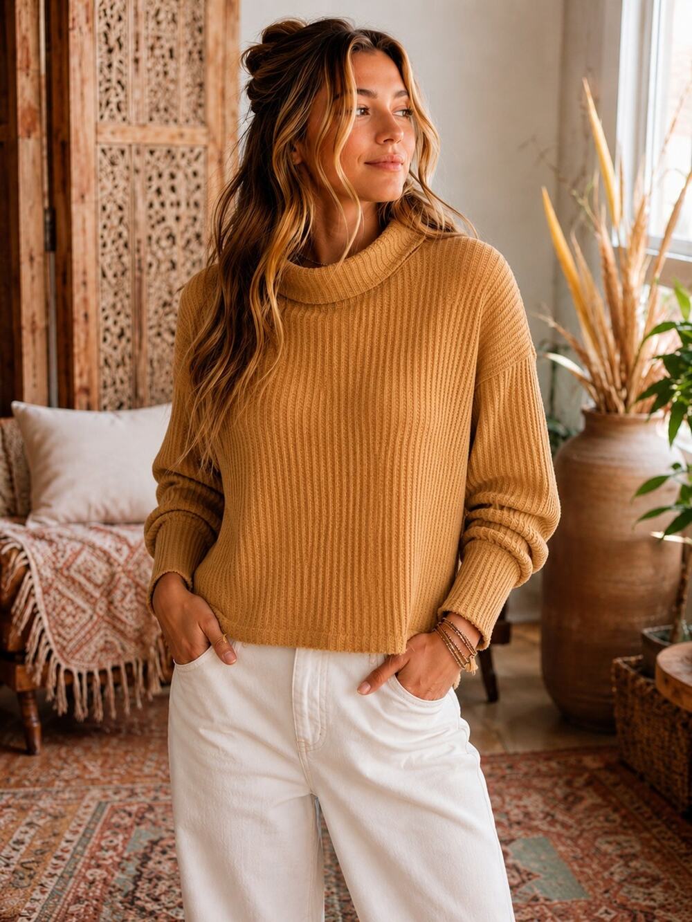 EUC Free People Juicy Long Sleeve Cowl Neck Split Back Thermal Canyon Moon M